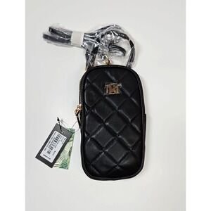 Badgley Mischka Black Vegan Leather Quilted Front Oval Phone Case w/ Strap - NWT
